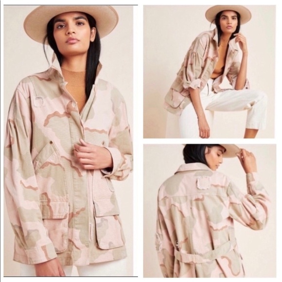 NWT Anthro Distressed Camouflage Boho Utility Military Denim Jacket - Picture 1 of 15